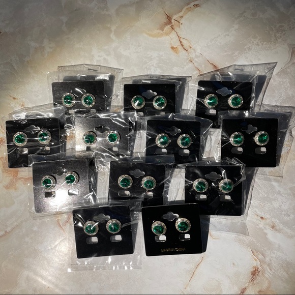 Emerald and Crystal Round Button Pierced Earrings - Picture 7 of 8